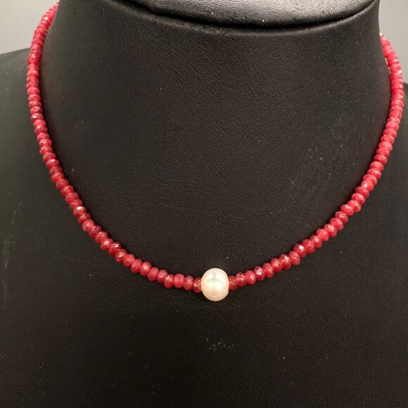 Garnet Beaded Pearl Necklace Molly Jane Designs 16.5 inch Handmade - Picture 2 of 7